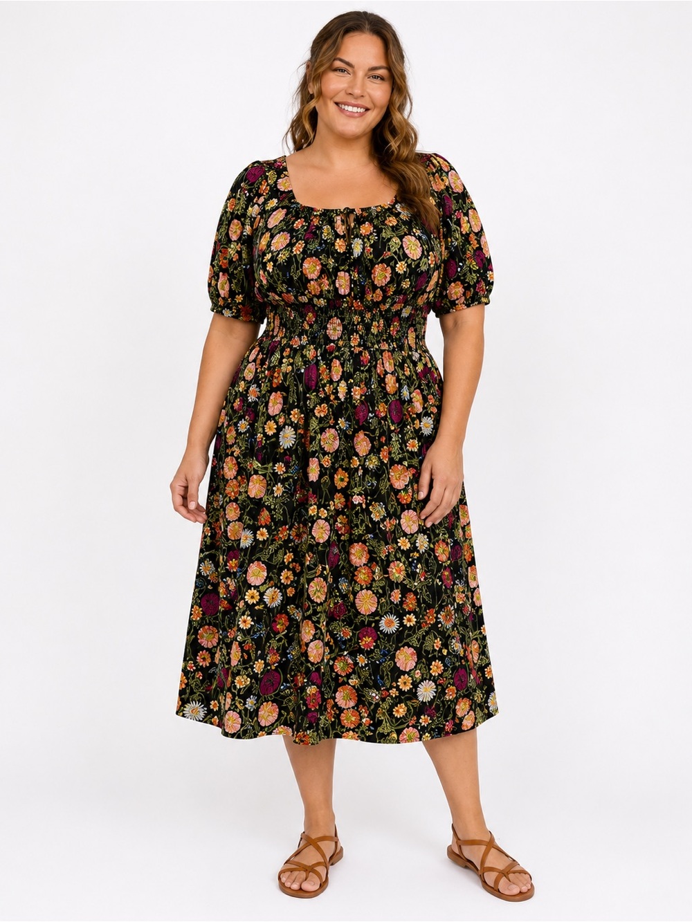 Terra & Sky Black Floral Smocked Waist Long Midi  Dress 4XL 100%Cotton